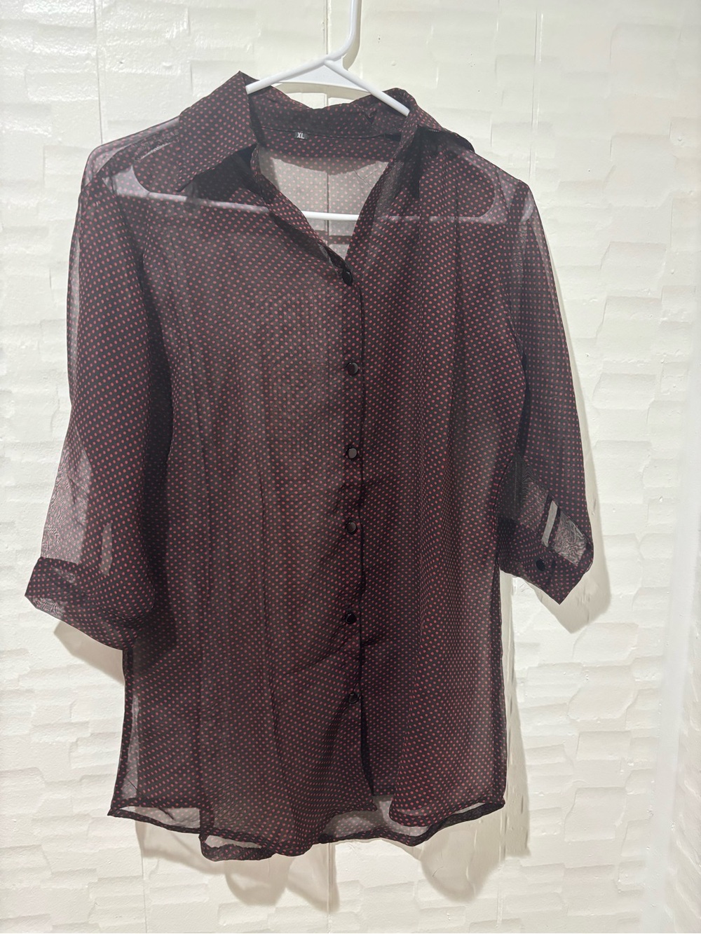 Indian Summer Sheer Button-Down Blouse in Burgundy with Tiny Pink Dot Print